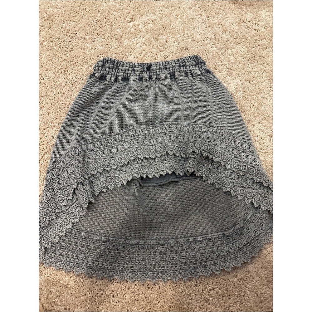 Boho Crochet Lace High Low Skirt Waffle Knit Smocked Waist Grey Festival Summer